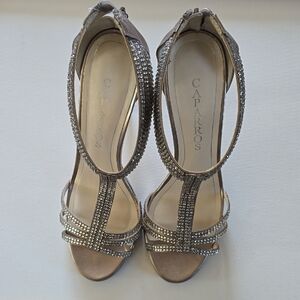 Caparros Taupe Rhinestone T-Strap Heels